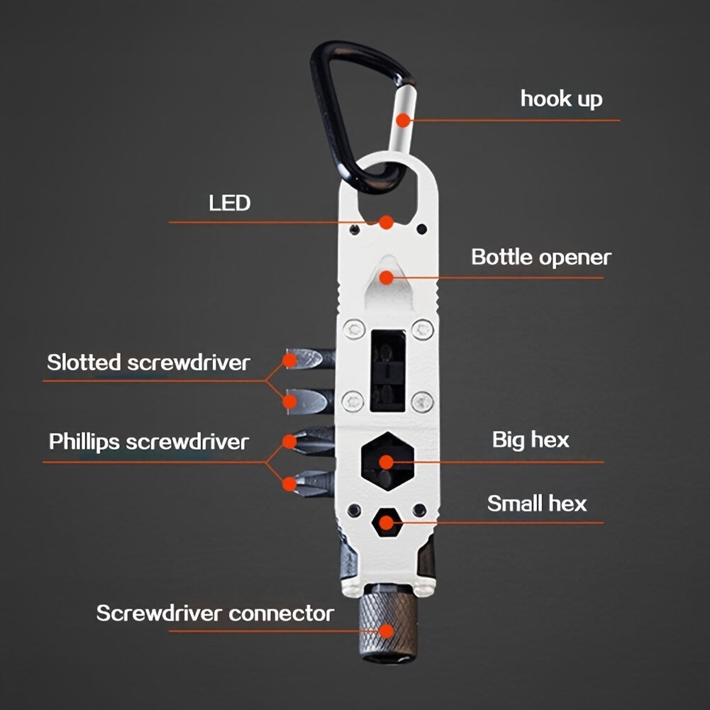 Multifunctional Keychain Tool Kit Pocket ft. Screwdriver, Bottle Opener, LED Flashlight