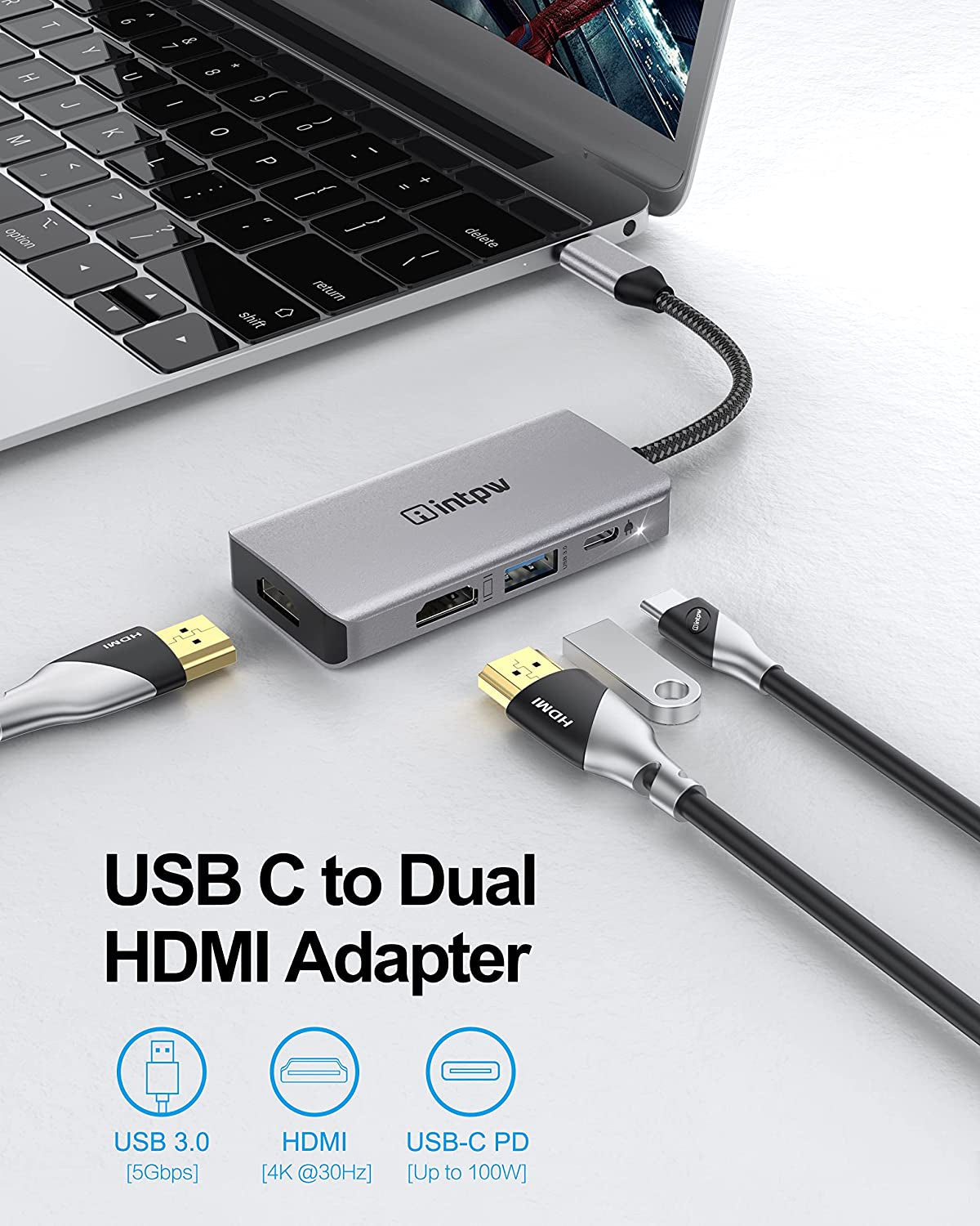 USB C to Dual HDMI Adapter,  4-In-1 Type C to HDMI Converter/Thunderbolt 3 to 4K HDMI Dual Monitor Adapter, PD Charging, USB 3.0 Port, Compatible with Macbook Pro/Macbook Air/Ipad Pro/Xps
