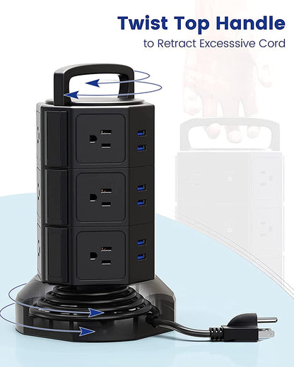 Power Strip Tower Surge Protector,  1625W 13A Outlet Surge Electric Tower, 12 Outlets 6 USB Ports Charging Station with 16AWG 6.5Ft Heavy Duty Extension Cord for Home Office Dorm Black
