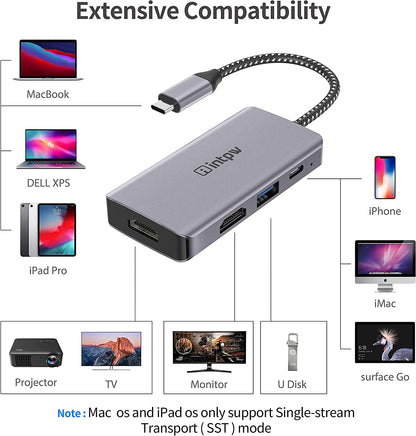 USB C to Dual HDMI Adapter,  4-In-1 Type C to HDMI Converter/Thunderbolt 3 to 4K HDMI Dual Monitor Adapter, PD Charging, USB 3.0 Port, Compatible with Macbook Pro/Macbook Air/Ipad Pro/Xps