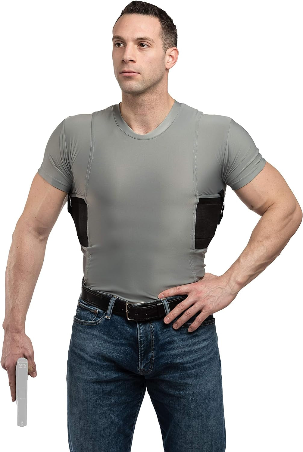 Men’S Pistol Holster Undershirt for CCW Concealed Carry, Crew Neck, All-Day-Comfort Easy Breathe Compression Fabric